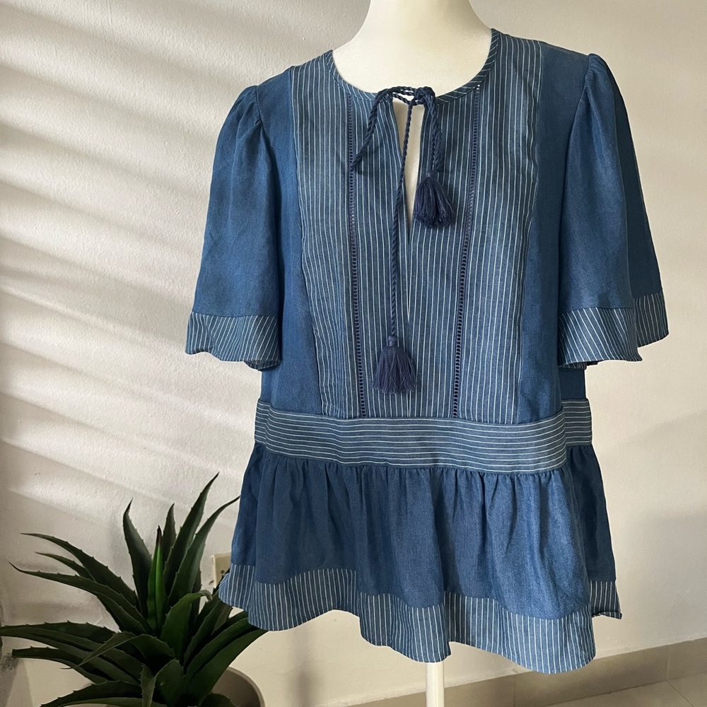 kate spade Blue Striped Peplum Blouse with Tassel Tie